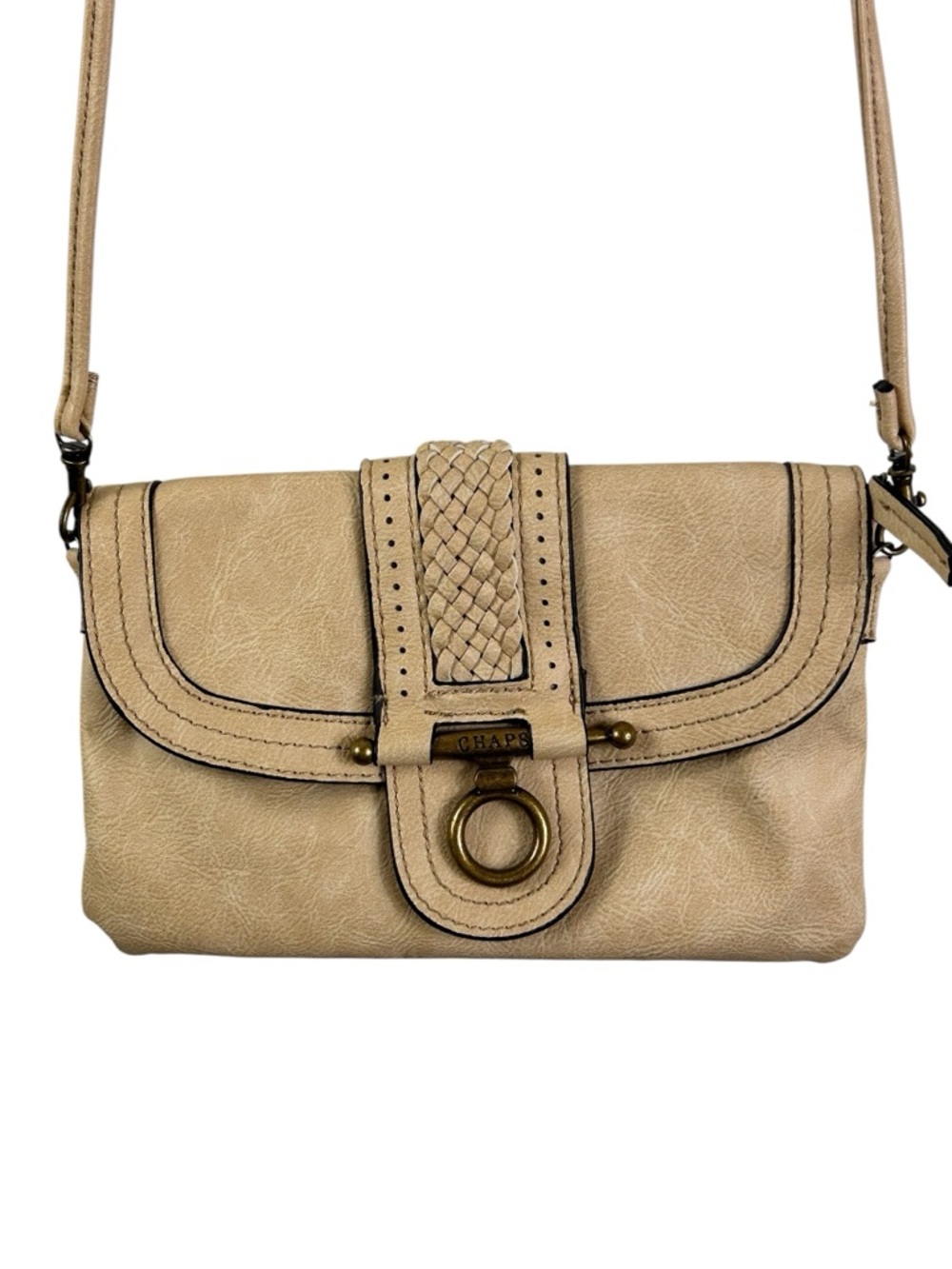Chaps beige leather clutch featuring long strap